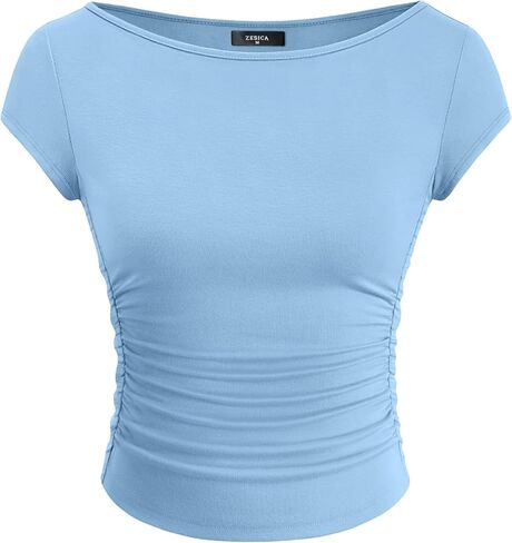 ZESICA Women's Summer Boat Neck Short Sleeve T Shirts 2026 Spring Slim Fit Y2k Going Out Crop Tops Basic Trendy Outfits in Saudi Arabia