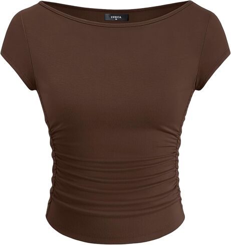 ZESICA Women's Summer Boat Neck Short Sleeve T Shirts 2026 Spring Slim Fit Y2k Going Out Crop Tops Basic Trendy Outfits in Saudi Arabia