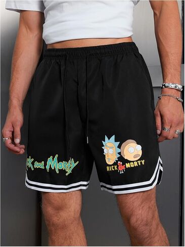 Men's Cartoon Anime Graphic Shorts Striped Trim Drawstring Waist Running Workout Shorts in Kuwait