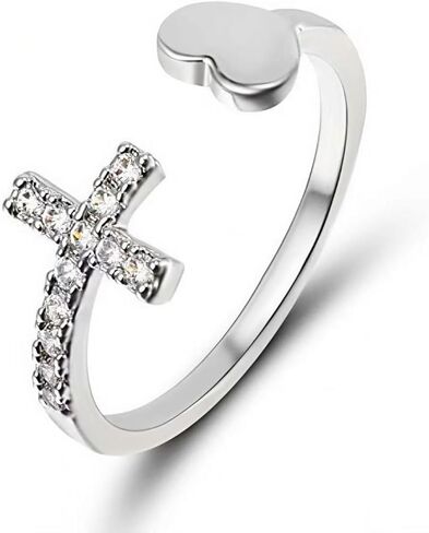 Adjustable Purity Prayer Diamond Rhinestone Cross Heart Rings for Women - Inspirational Religious Christian Faith Jewelry Gifts Cubic Zirconia Cross Love Heart Rings in Saudi Arabia