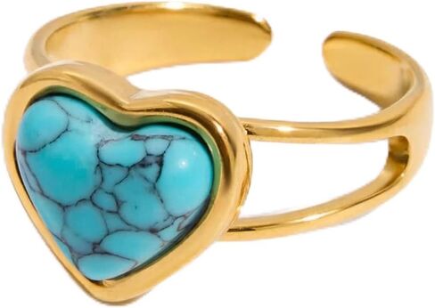 Blue Turquoise Heart Ring Natural Gemstone Love Hearts Open Adjustable Statement Promise Wedding Engagement Finger Band Boho Western Holiday Jewelry 18K Golden Plated Stainless Steel Rings for Women in Saudi Arabia