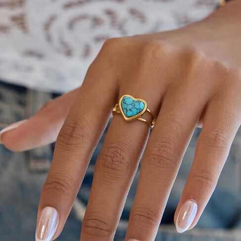 Blue Turquoise Heart Ring Natural Gemstone Love Hearts Open Adjustable Statement Promise Wedding Engagement Finger Band Boho Western Holiday Jewelry 18K Golden Plated Stainless Steel Rings for Women in Saudi Arabia