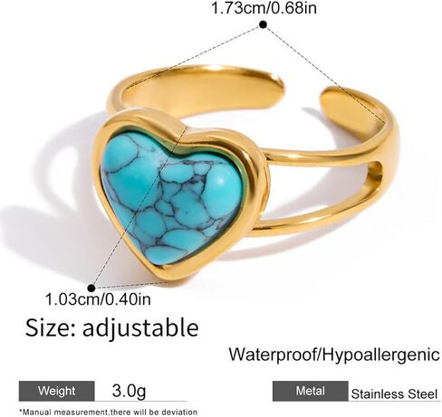 Blue Turquoise Heart Ring Natural Gemstone Love Hearts Open Adjustable Statement Promise Wedding Engagement Finger Band Boho Western Holiday Jewelry 18K Golden Plated Stainless Steel Rings for Women in Saudi Arabia