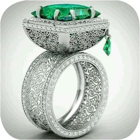 Luxury Big Emerald Wide Ring for Women Elegant Crystal Green Stone Engagement Vintage Party Wedding Geometric Rings 925 Silver Plated Band Square Rings Cocktail Costume Jewelry for Her Size 7 in Saudi Arabia