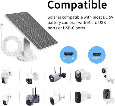 5W Solar Panel for Security Cameras, IP65 Waterproof Outdoor Charger with USB-C Cable + Micro-USB Adapter, 360° Adjustable Bracket for DC 5V Rechargeable Battery Cameras, 9.8FT Cord in Saudi Arabia