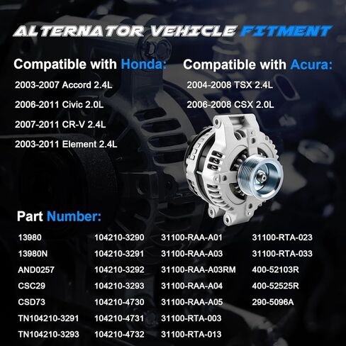 New Alternator Replacement for 2007 2008 2009 2010 2011 Honda CR-V CRV 2.4L, 03 04 05 06 07 Accord 2.4L, 06-11 Civic 2.0L, 03-11 Element 2.4L, 04-08 Acura TSX 2.4L, 06-08 CSX 2.0L, 104210-3290 13980N in Saudi Arabia