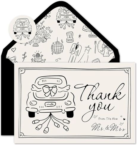 Whaline 24 Pack Wedding Thank You Cards Black The New Mr & Mrs Car Cake Thank You Greeting Note Cards with Envelope Sticker for Bridal Shower in Saudi Arabia