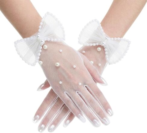 قفازات شفافة من اللؤلؤ الأبيض مع أقواس، وقفازات قصيرة من التول على شكل فيونكة، قفاز شبكي أنيق عتيق مصنوع من مادة شبكية قابلة للتنفس للنساء العروس والحفلات المسائية وحفلات الشاي in Kuwait