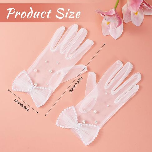 قفازات شفافة من اللؤلؤ الأبيض مع أقواس، وقفازات قصيرة من التول على شكل فيونكة، قفاز شبكي أنيق عتيق مصنوع من مادة شبكية قابلة للتنفس للنساء العروس والحفلات المسائية وحفلات الشاي in Kuwait