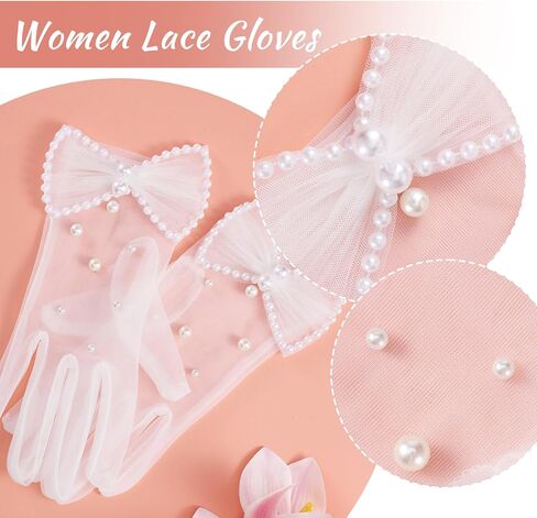 قفازات شفافة من اللؤلؤ الأبيض مع أقواس، وقفازات قصيرة من التول على شكل فيونكة، قفاز شبكي أنيق عتيق مصنوع من مادة شبكية قابلة للتنفس للنساء العروس والحفلات المسائية وحفلات الشاي in Kuwait