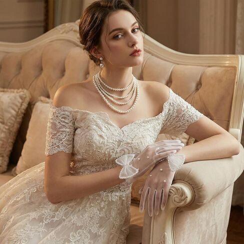 قفازات شفافة من اللؤلؤ الأبيض مع أقواس، وقفازات قصيرة من التول على شكل فيونكة، قفاز شبكي أنيق عتيق مصنوع من مادة شبكية قابلة للتنفس للنساء العروس والحفلات المسائية وحفلات الشاي in Kuwait