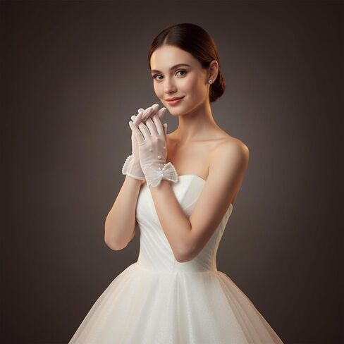 قفازات شفافة من اللؤلؤ الأبيض مع أقواس، وقفازات قصيرة من التول على شكل فيونكة، قفاز شبكي أنيق عتيق مصنوع من مادة شبكية قابلة للتنفس للنساء العروس والحفلات المسائية وحفلات الشاي in Kuwait