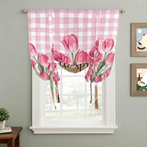 Hello Spring Tie Up Curtains for Window, Pink Tulip Flowers Farmhouse Buffalo Plaid Wooden Thermal Balloon Shade Adjustable Rod Pocket Curtains Valance Panels for Kitchen Bathroom Café 42'' x 63'' in Saudi Arabia