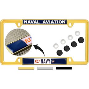 [U.S. Navy Officially Licensed Product] - Fly Navy Naval Aviation - Domed Custom-Made Personalized Narrow (Thin) Top 4 Hole Metal Car License Plate Frame with Free caps - Black (Quantity: 1 Frame) in Kuwait