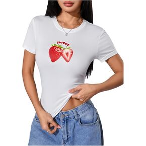 تي شيرت SweatyRocks نسائي لطيف برسومات الفراولة ومتماسك بقصة ضيقة in Kuwait