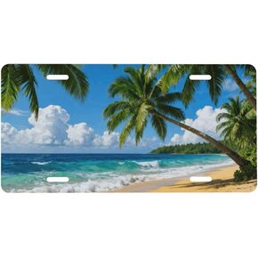 Beach Waves Coconut Trees Front License Plate Car Decorative License Plates Aluminum Metal Decor Accessory Novelty Vanity Tag Cover with 4 Holes for Men Women 6" X 12" in Kuwait