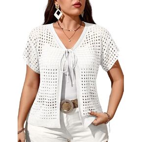 Women's Crochet Shrug Short Sleeve Tie Front Cardigan Open Knit Lightweight Bolero Sweater Summer Cover Up in Kuwait