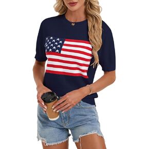 سترة نسائية بأكمام قصيرة ورقبة دائرية عليها العلم الأمريكي، سترة علوية صيفية خفيفة الوزن ومتماسكة in Kuwait