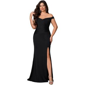 Women's Plus Size Off Shoulder Prom Evening Gowns Elegant Wrap Formal Dresses with Slit in Saudi Arabia