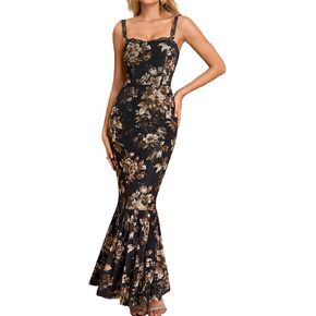 HTZMO Women Floral Wedding Guest Bodycon Maxi Dress Lace Square Neck Formal Party Elegant Long Dresses in Kuwait