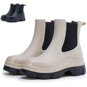 حذاء نسائي من مادة PVC خفيف الوزن وغير قابل للانزلاق وكعب مكتنز منخفض وقصير للمطر أنيق ومريح بمقدمة مستديرة ومقاوم للماء وسحب مرن على منصة حذاء تشيلسي للعمل في الهواء الطلق in Kuwait