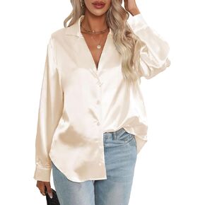 PEHMEA Women's Satin Button Down Shirts Silk Solid Long Sleeve Blouse for Work Office V Neck Casual Elegant Tunic Tops in Kuwait