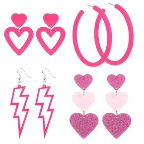 CAVETEE 8PCS Hot Pink Heart Earrings for Women, Dangle Earrings Cute Love Earrings for Her Lightweight Big Hoop Earrings 80s Party Accessories in Kuwait