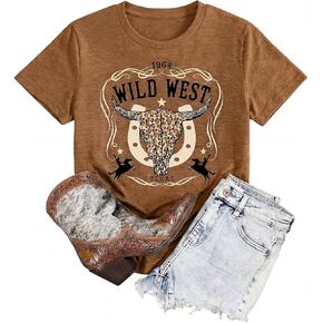 القمصان الغربية للنساء خمر البقرة الجمجمة روديو الجرافيك المحملة قمم قصيرة الأكمام Crewneck مضحك راعية البقر البلد الحفل تي شيرت in Kuwait