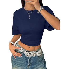 LovelyWholesale Women Ruched Crop Tops Casual Summer Short Sleeve T Shirts in Kuwait