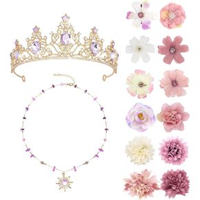 مجموعة إكسسوارات زي الأميرة للنساء تاج ذهبي لامع مع كريستالات أرجوانية قلادة على شكل شمس 20 قطعة مشبك شعر على شكل زهرة لحفلات أعياد الميلاد والهالوين in Kuwait