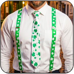CLOACE St. Patrick's Day Suspender Mens Green Suspenders Shamrock Costume Clover Necktie Bow Tie for Saint Patrick's Day in Kuwait
