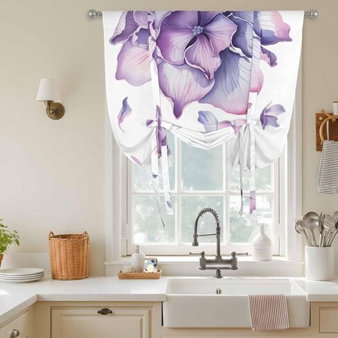 Purple Flower Tie Up Curtains for Window, Spring Watercolor Floral Plant Thermal Insulated Balloon Shade Adjustable Rod Pocket Curtains Valance Panels for Kitchen Bathroom Café 46'' x 63'' in Saudi Arabia