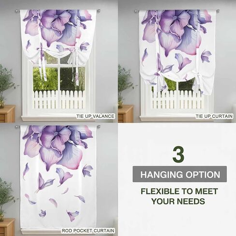 Purple Flower Tie Up Curtains for Window, Spring Watercolor Floral Plant Thermal Insulated Balloon Shade Adjustable Rod Pocket Curtains Valance Panels for Kitchen Bathroom Café 46'' x 63'' in Saudi Arabia
