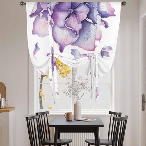 Purple Flower Tie Up Curtains for Window, Spring Watercolor Floral Plant Thermal Insulated Balloon Shade Adjustable Rod Pocket Curtains Valance Panels for Kitchen Bathroom Café 46'' x 63'' in Saudi Arabia