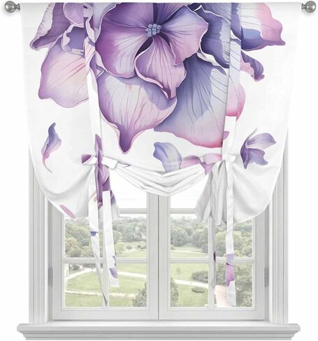 Purple Flower Tie Up Curtains for Window, Spring Watercolor Floral Plant Thermal Insulated Balloon Shade Adjustable Rod Pocket Curtains Valance Panels for Kitchen Bathroom Café 46'' x 63'' in Saudi Arabia