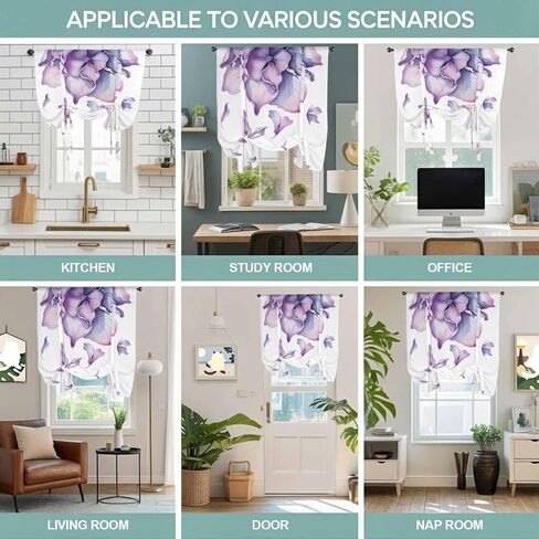 Purple Flower Tie Up Curtains for Window, Spring Watercolor Floral Plant Thermal Insulated Balloon Shade Adjustable Rod Pocket Curtains Valance Panels for Kitchen Bathroom Café 46'' x 63'' in Saudi Arabia