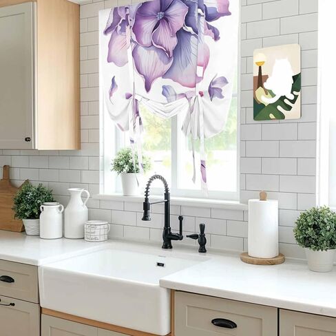 Purple Flower Tie Up Curtains for Window, Spring Watercolor Floral Plant Thermal Insulated Balloon Shade Adjustable Rod Pocket Curtains Valance Panels for Kitchen Bathroom Café 46'' x 63'' in Saudi Arabia