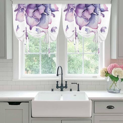 Purple Flower Tie Up Curtains for Window, Spring Watercolor Floral Plant Thermal Insulated Balloon Shade Adjustable Rod Pocket Curtains Valance Panels for Kitchen Bathroom Café 46'' x 63'' in Saudi Arabia