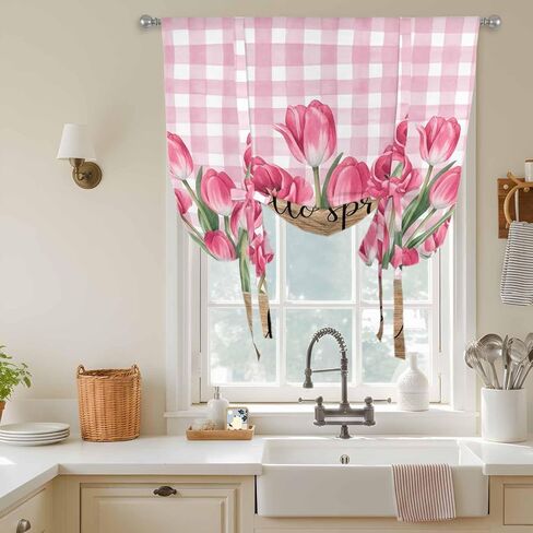 Hello Spring Tie Up Curtains for Window, Pink Tulip Flowers Farmhouse Buffalo Plaid Wooden Thermal Balloon Shade Adjustable Rod Pocket Curtains Valance Panels for Kitchen Bathroom Café 42'' x 63'' in Saudi Arabia