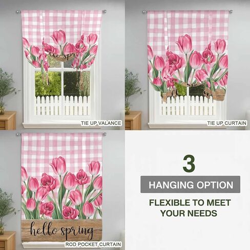 Hello Spring Tie Up Curtains for Window, Pink Tulip Flowers Farmhouse Buffalo Plaid Wooden Thermal Balloon Shade Adjustable Rod Pocket Curtains Valance Panels for Kitchen Bathroom Café 42'' x 63'' in Saudi Arabia