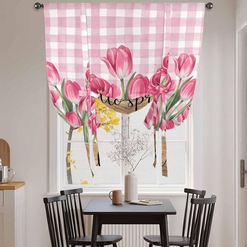 Hello Spring Tie Up Curtains for Window, Pink Tulip Flowers Farmhouse Buffalo Plaid Wooden Thermal Balloon Shade Adjustable Rod Pocket Curtains Valance Panels for Kitchen Bathroom Café 42'' x 63'' in Saudi Arabia
