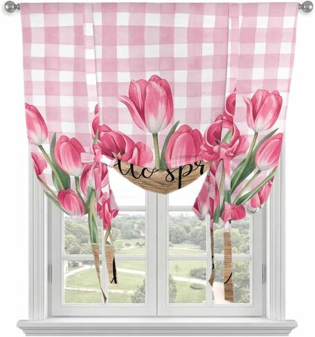 Hello Spring Tie Up Curtains for Window, Pink Tulip Flowers Farmhouse Buffalo Plaid Wooden Thermal Balloon Shade Adjustable Rod Pocket Curtains Valance Panels for Kitchen Bathroom Café 42'' x 63'' in Saudi Arabia