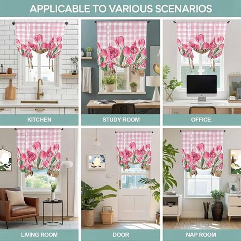 Hello Spring Tie Up Curtains for Window, Pink Tulip Flowers Farmhouse Buffalo Plaid Wooden Thermal Balloon Shade Adjustable Rod Pocket Curtains Valance Panels for Kitchen Bathroom Café 42'' x 63'' in Saudi Arabia