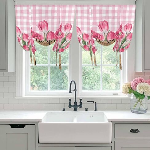 Hello Spring Tie Up Curtains for Window, Pink Tulip Flowers Farmhouse Buffalo Plaid Wooden Thermal Balloon Shade Adjustable Rod Pocket Curtains Valance Panels for Kitchen Bathroom Café 42'' x 63'' in Saudi Arabia