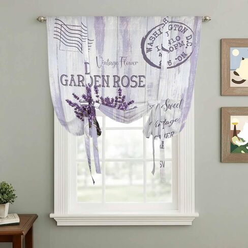 Purple Lavender Tie Up Curtains for Window, Vintage Farmhouse Rustic Floral Wooden Grain Thermal Balloon Shade Adjustable Rod Pocket Curtains Valance Panels for Kitchen Bathroom Café 52'' x 45'' in Saudi Arabia