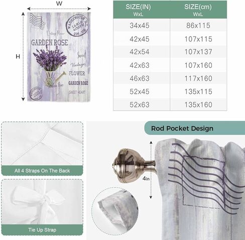 Purple Lavender Tie Up Curtains for Window, Vintage Farmhouse Rustic Floral Wooden Grain Thermal Balloon Shade Adjustable Rod Pocket Curtains Valance Panels for Kitchen Bathroom Café 52'' x 45'' in Saudi Arabia
