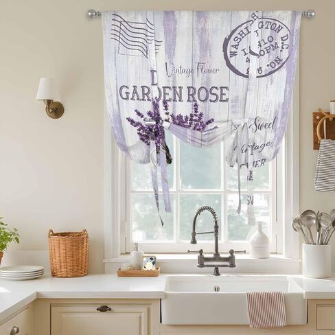 Purple Lavender Tie Up Curtains for Window, Vintage Farmhouse Rustic Floral Wooden Grain Thermal Balloon Shade Adjustable Rod Pocket Curtains Valance Panels for Kitchen Bathroom Café 52'' x 45'' in Saudi Arabia