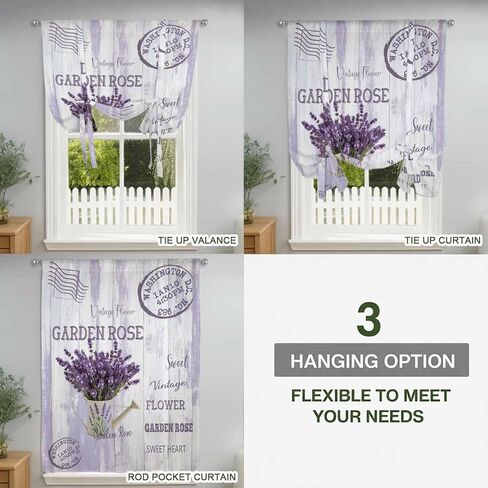 Purple Lavender Tie Up Curtains for Window, Vintage Farmhouse Rustic Floral Wooden Grain Thermal Balloon Shade Adjustable Rod Pocket Curtains Valance Panels for Kitchen Bathroom Café 52'' x 45'' in Saudi Arabia