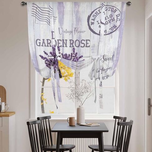 Purple Lavender Tie Up Curtains for Window, Vintage Farmhouse Rustic Floral Wooden Grain Thermal Balloon Shade Adjustable Rod Pocket Curtains Valance Panels for Kitchen Bathroom Café 52'' x 45'' in Saudi Arabia