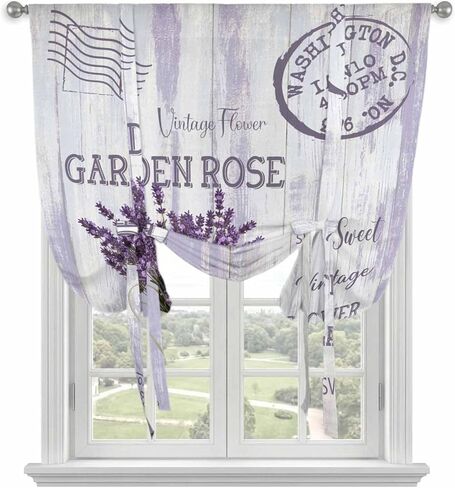 Purple Lavender Tie Up Curtains for Window, Vintage Farmhouse Rustic Floral Wooden Grain Thermal Balloon Shade Adjustable Rod Pocket Curtains Valance Panels for Kitchen Bathroom Café 52'' x 45'' in Saudi Arabia